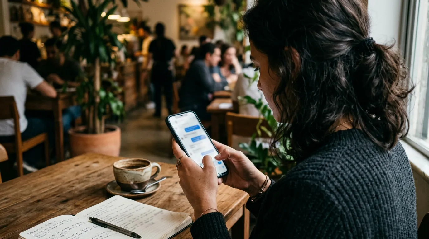 Mulher digita uma mensagem no celular, sentada num café