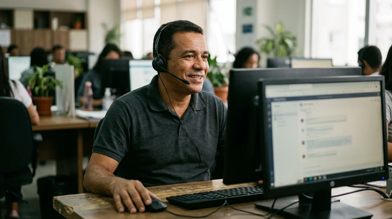 Atendente com fone de ouvido sorri enquanto conversa com um cliente