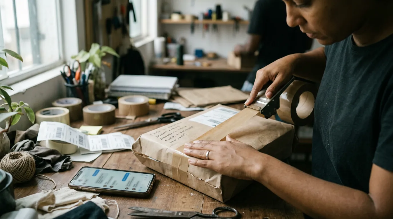 Mãos fecham um pacote de papel kraft com fita, com o celular ao lado