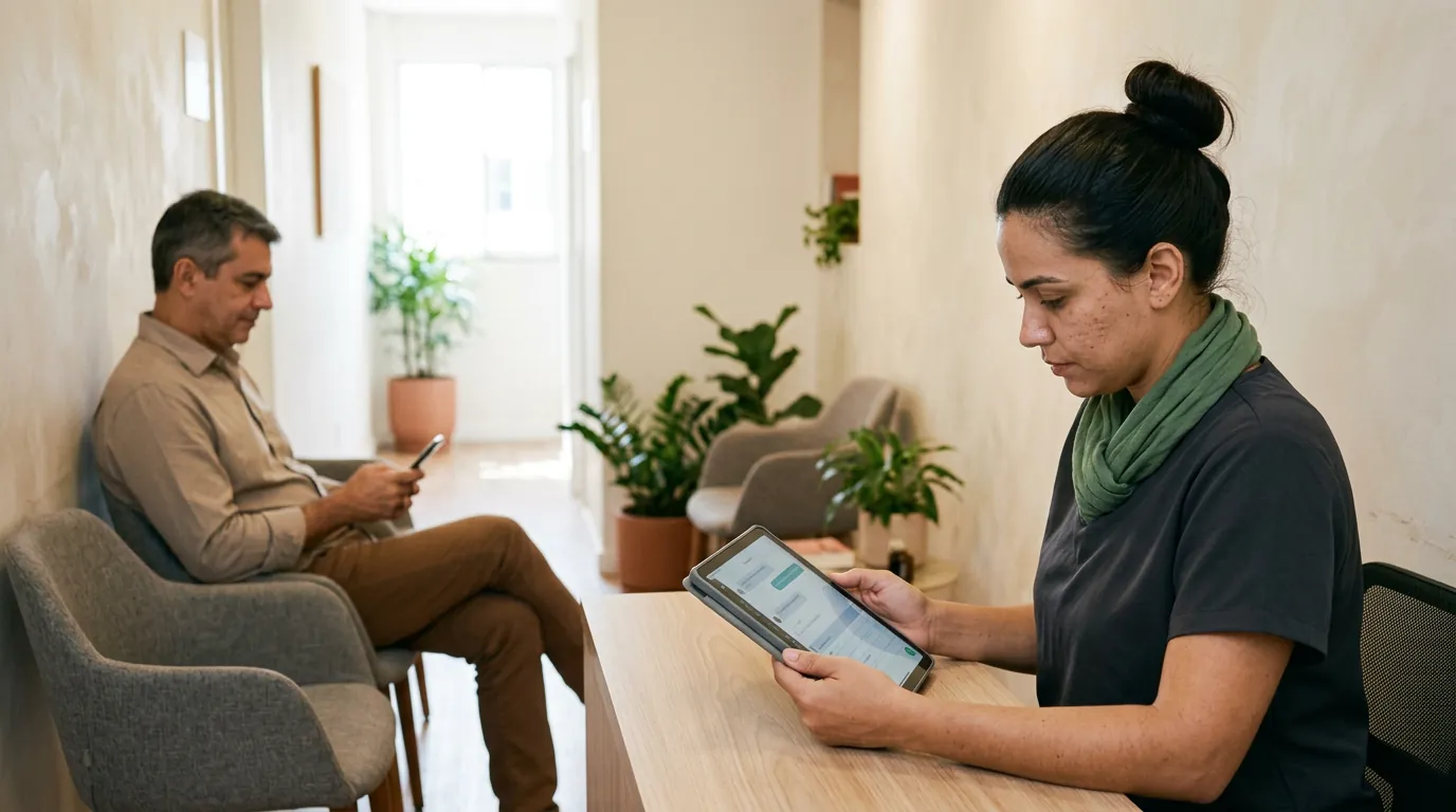 Recepcionista de clínica confere a agenda no tablet enquanto um paciente espera