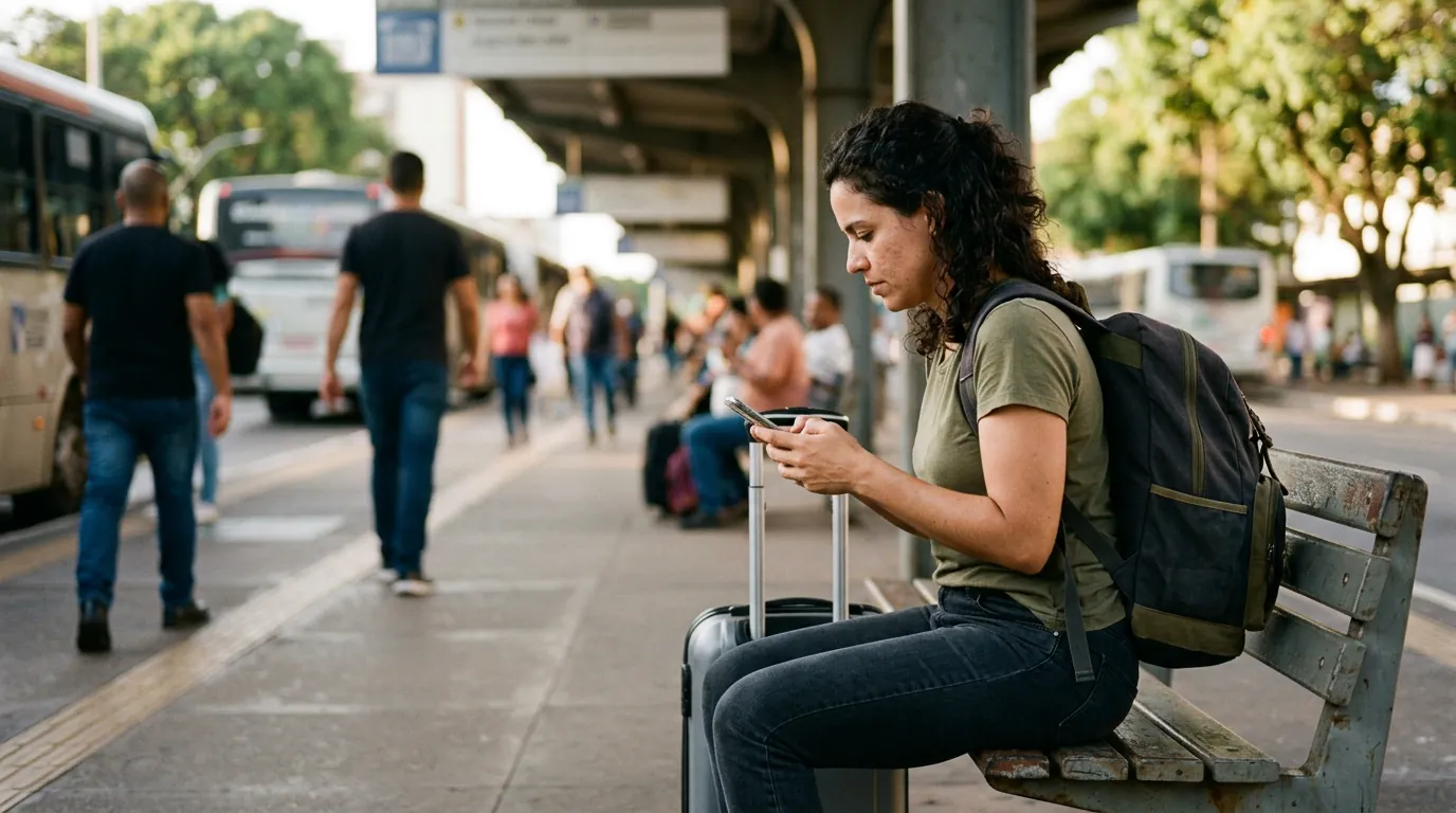 Viajante com mochila confere a viagem no celular num banco da rodoviária