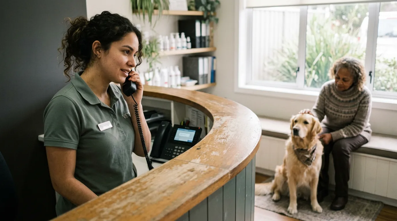 Funcionária de clínica veterinária fala ao telefone enquanto um cachorro espera com o tutor