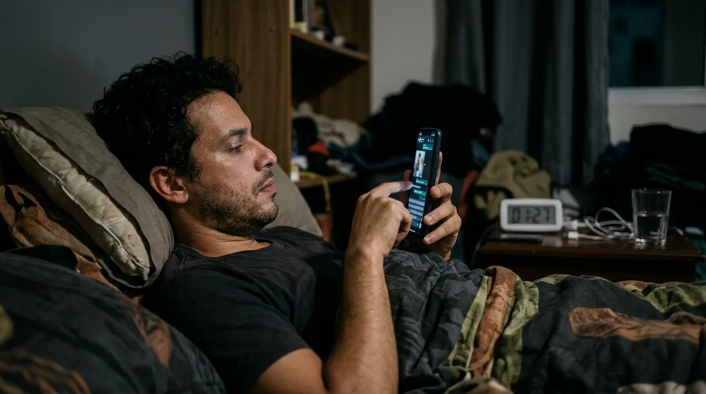 Homem deitado no quarto escuro manda mensagem pelo celular de madrugada