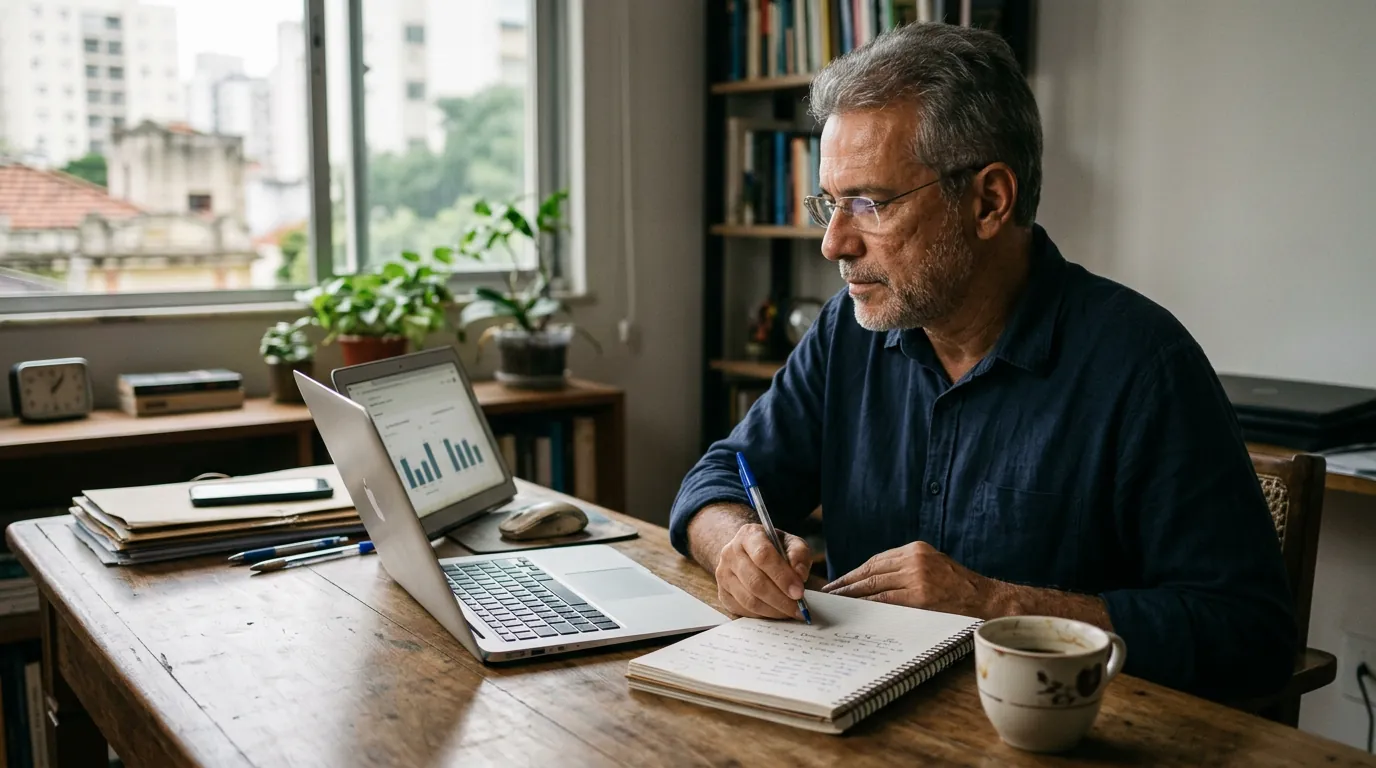 Dono de empresa confere gráficos no notebook com um caderno de anotações ao lado