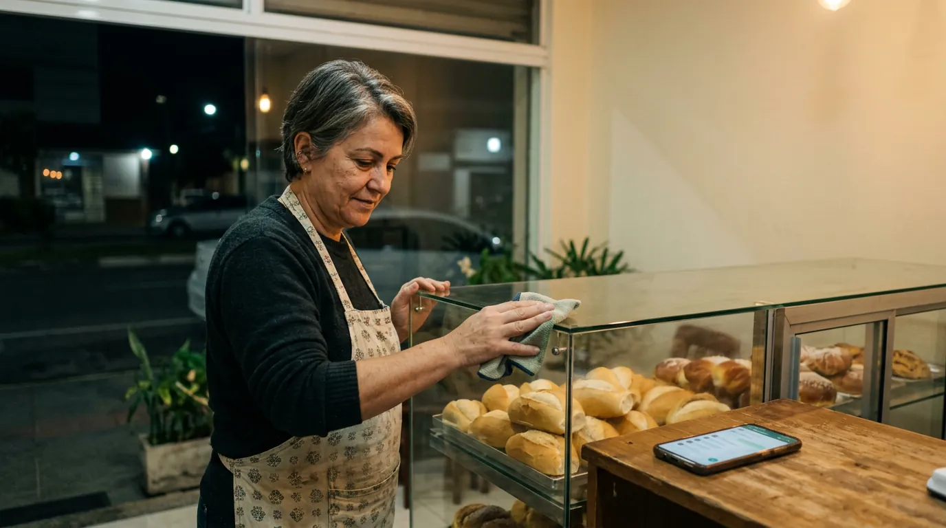 Dona de padaria fecha a loja à noite enquanto o celular no balcão recebe mensagens